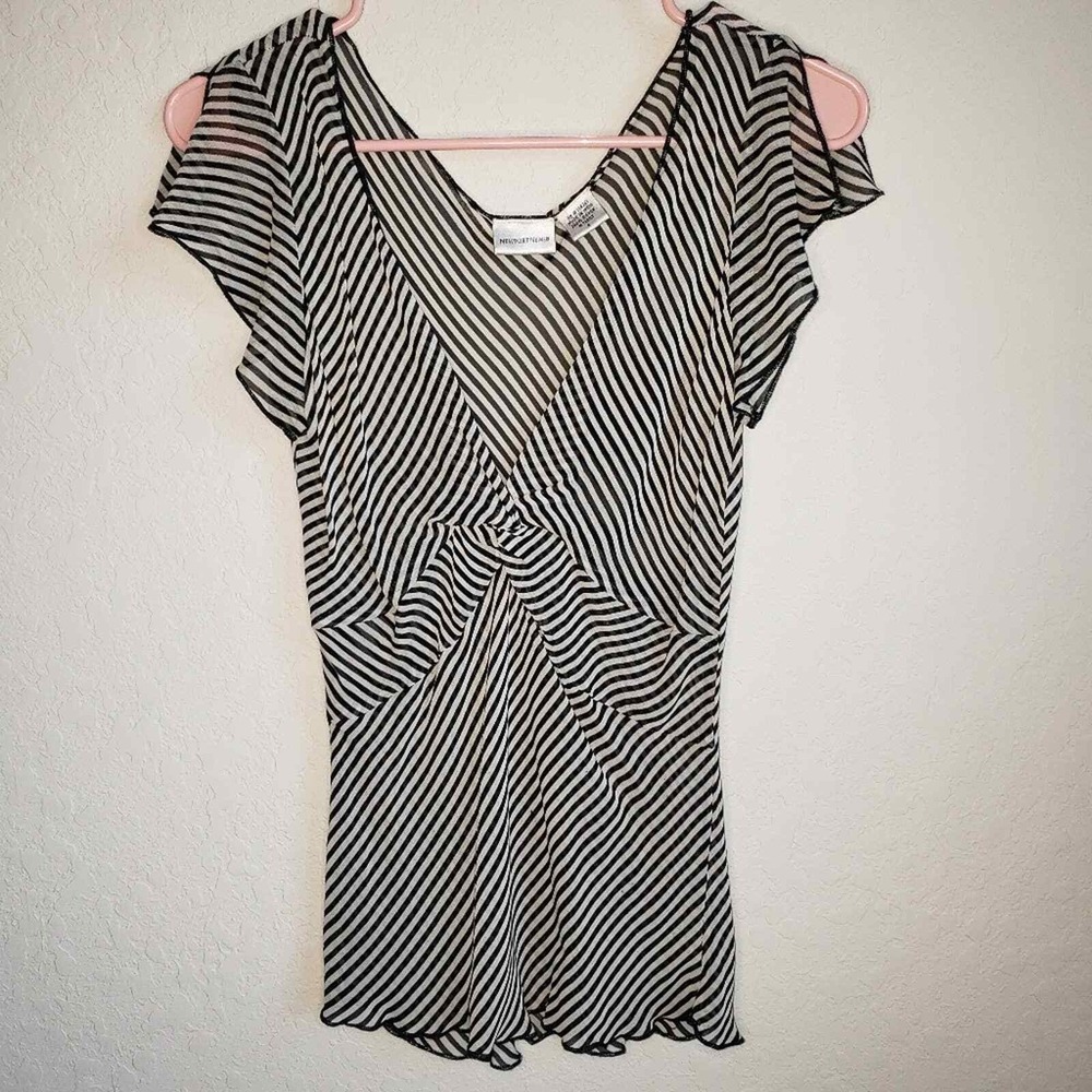 Sheer Striped Blouse Top Career Casual‎ Elegant Party Black White - Picture 2 of 6